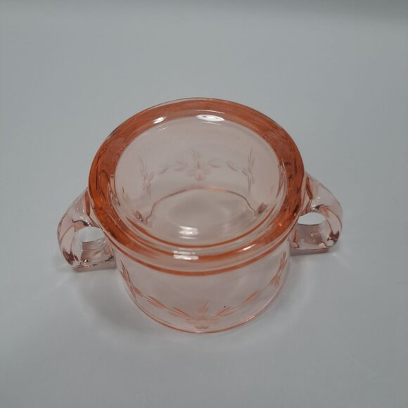 Pink Depression Double Handled Open Sugar Bowl Etched Floral Decor 30s Vintage - Picture 8 of 10